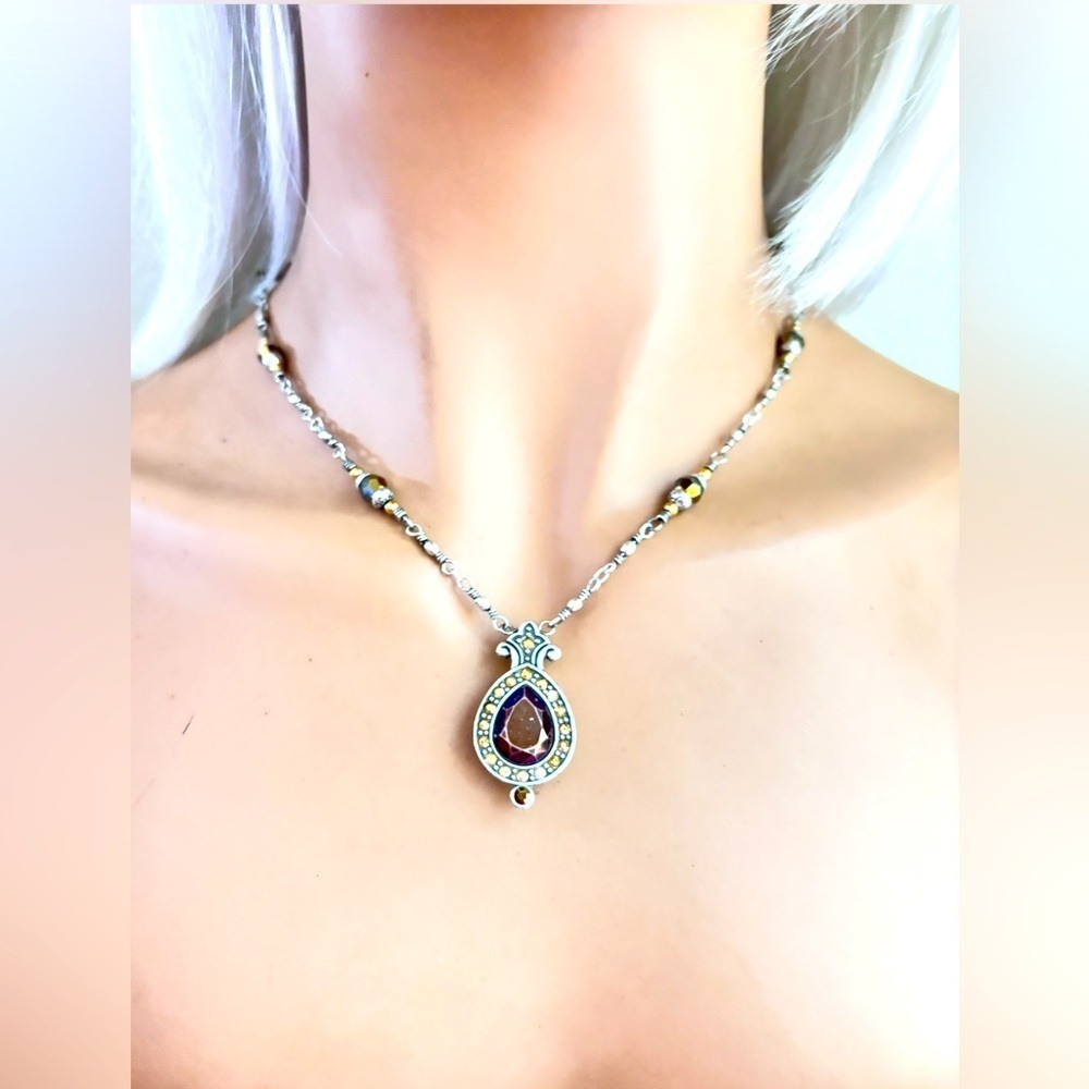 Brighton AMERICAN BEAUTY TOPAZ Silver Crystal Teardrop Pendant Necklace 16-18inc